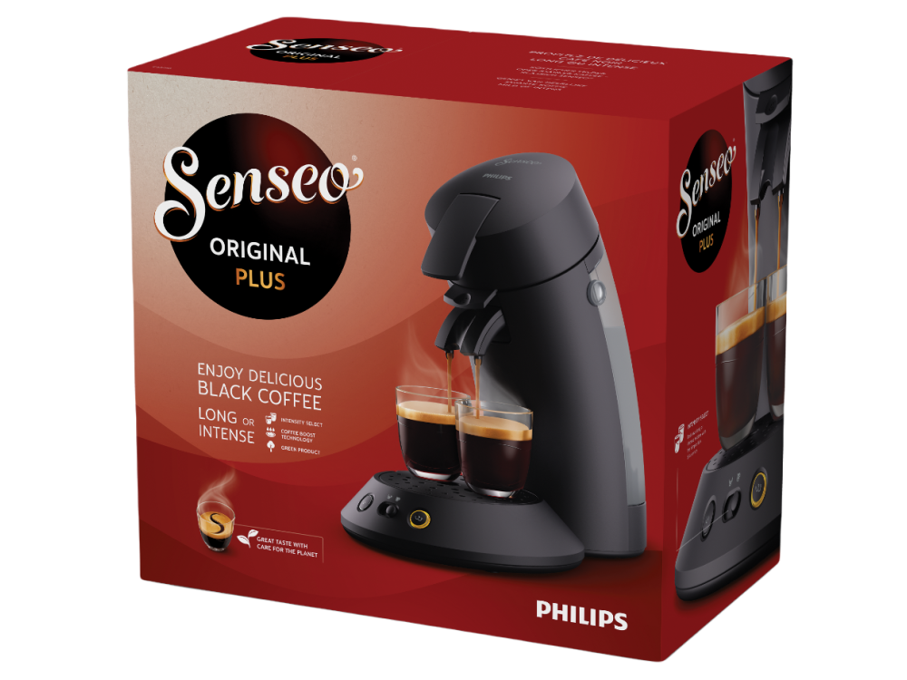 Cafetera Senseo Original Plus con dos tazas de café y una caja del producto en el fondo.