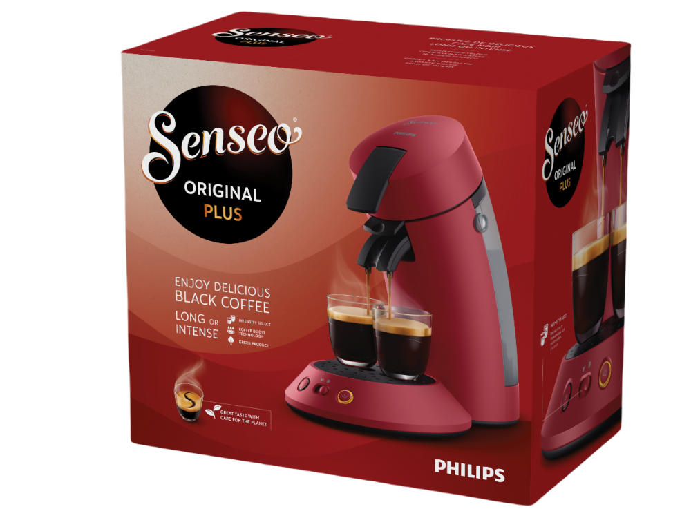 Caja de cafetera roja con máquina, tazas de café y marca 'Senseo'.