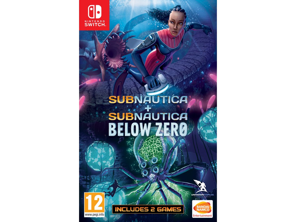 Una caja de videojuego para Subnautica + Subnautica: Below Zero. La portada muestra a un buzo y criaturas marinas.