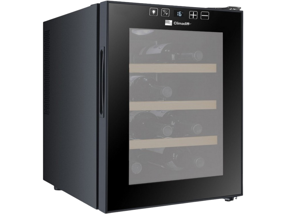 Vinoteca - Climadiff CC12, 12 botellas, Termoeléctrico, 3 estantes, LED, 50cm, Negro