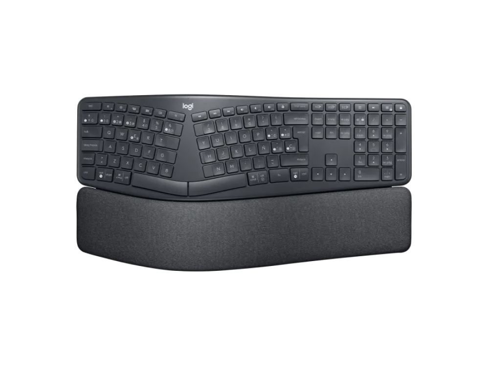 Teclado ergonómico negro con reposamuñecas sobre fondo negro.