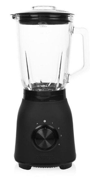 Black blender with a glass pitcher, a dial with numbers and a lid with a handle.