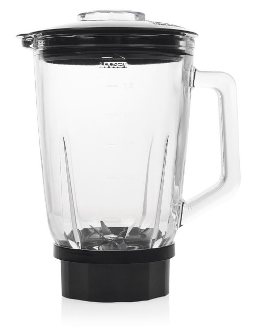 A clear glass blender jar with a black base and lid. It's on a white background.