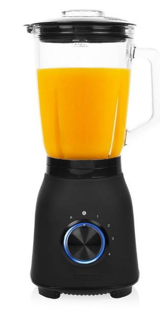 Black blender with orange liquid. Glass jar. White background.