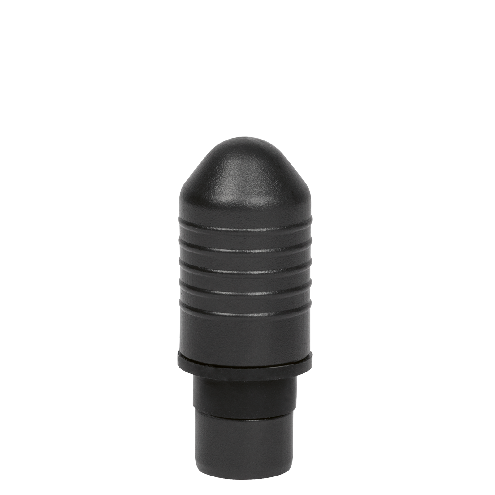Schwarzes Objekt mit zylindrischer Form und horizontalen Linien auf schwarzem Hintergrund.