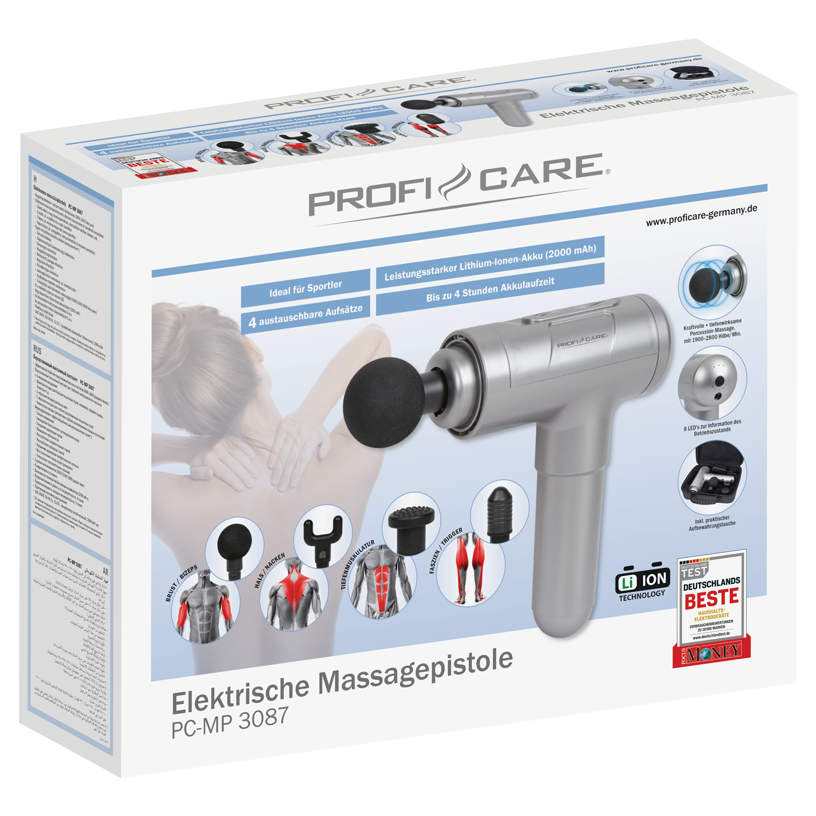 Verpackte Massagepistole mit Zubehör, Produktname „PROFI CARE“ und Bild einer Frau bei der Anwendung.