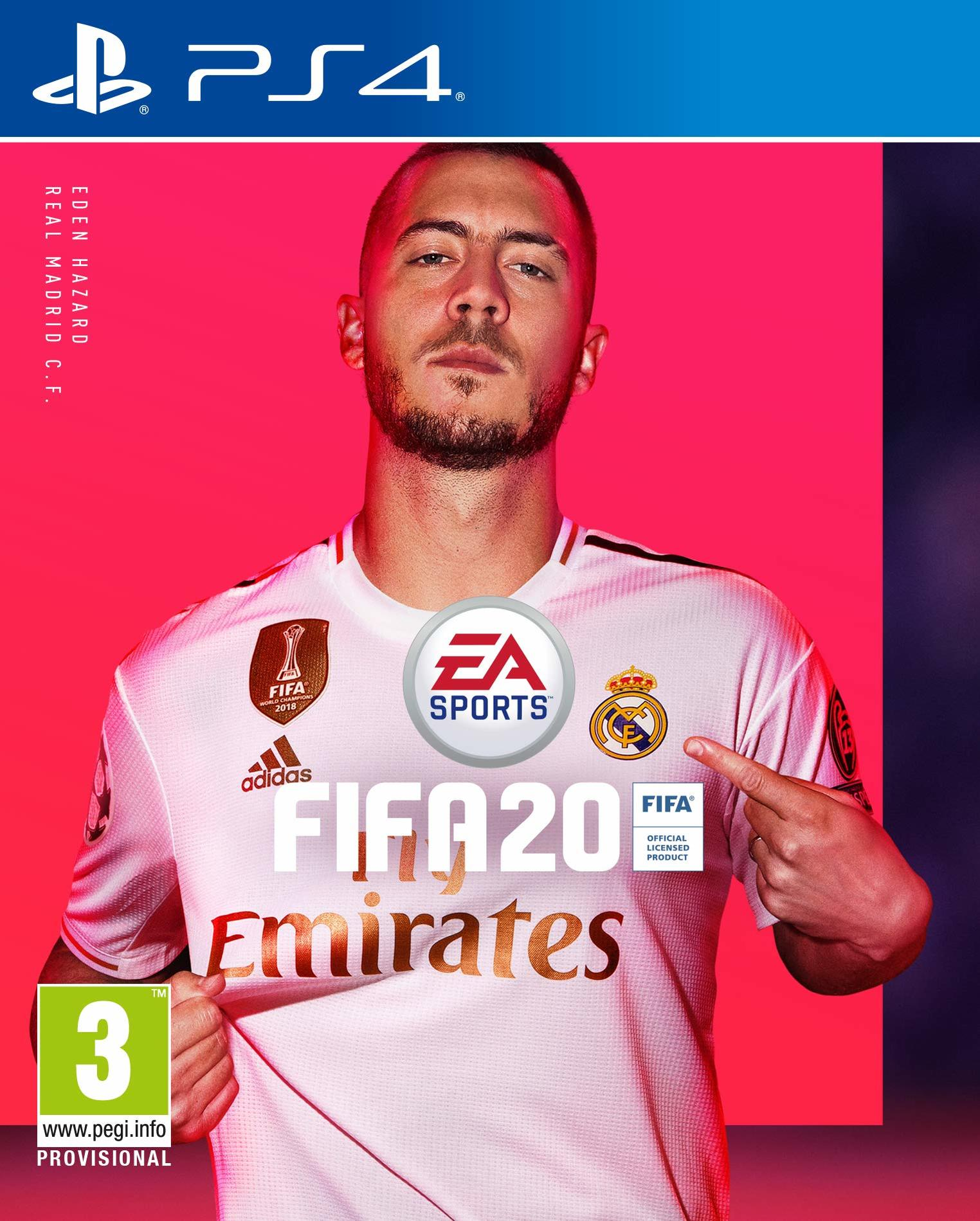 Portada del juego FIFA 20 con Eden Hazard. Logotipos de Adidas y Real Madrid visibles. Fondo rosa.