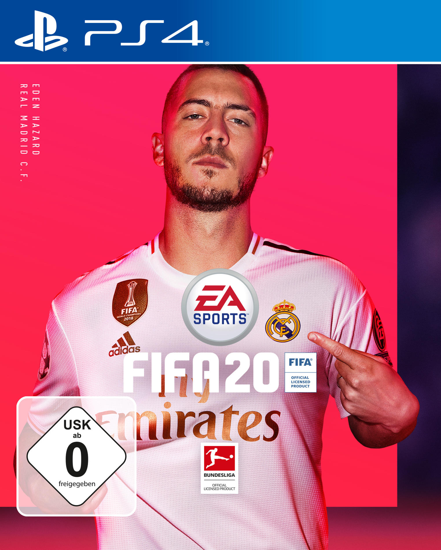 FIFA 20-Spielcover mit einem Fußballspieler und dem Logo des Spiels. Pinker Hintergrund.