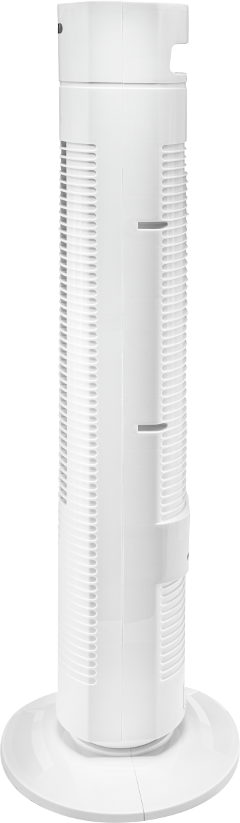A white tower fan with ventilation slots sits on a round base.