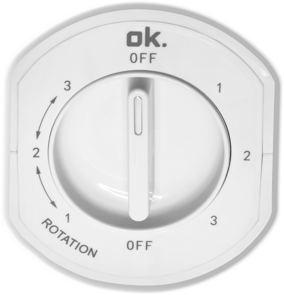 White rotary dial with markings for OFF, 1, 2, 3 and arrows.