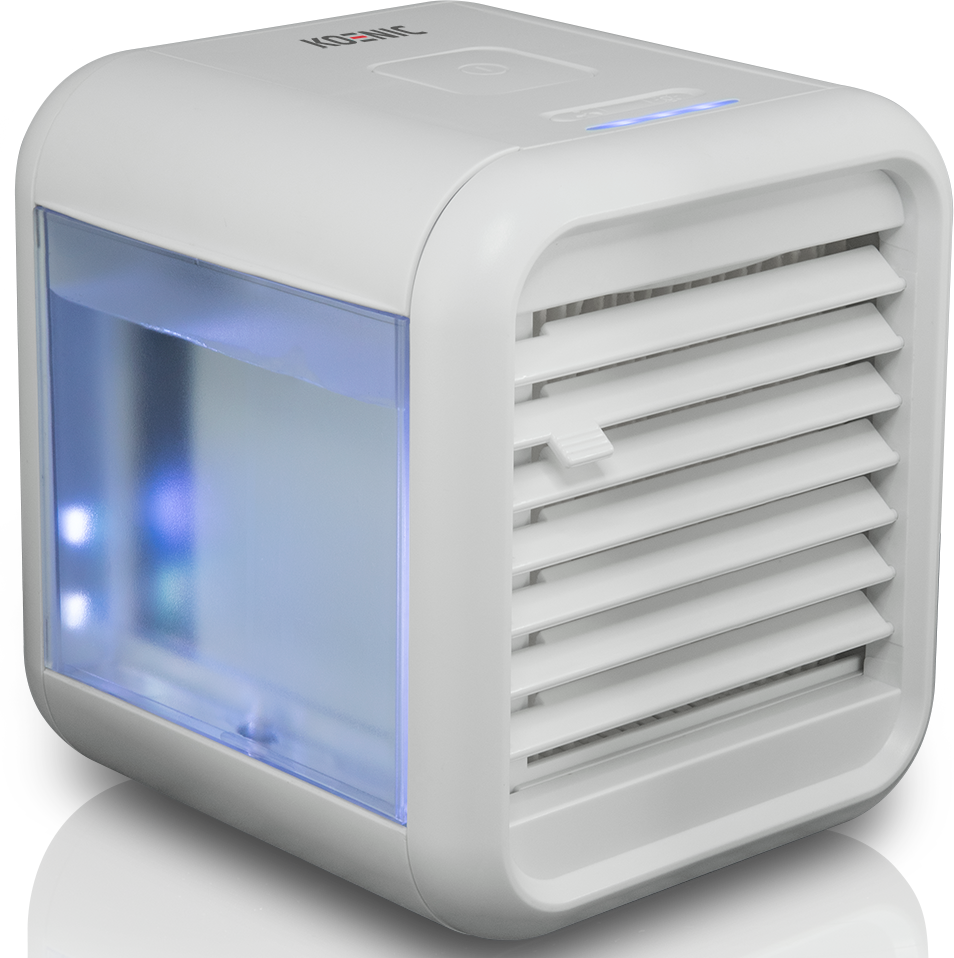 Refroidisseur d'air portable blanc et bleu avec des évents et un réservoir d'eau.