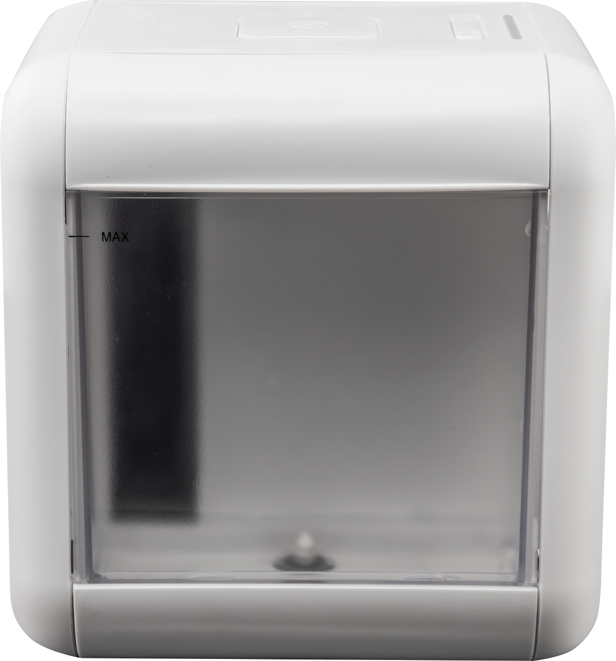 Un conteneur blanc et rectangulaire avec une façade transparente est présenté. Le mot MAX est visible.