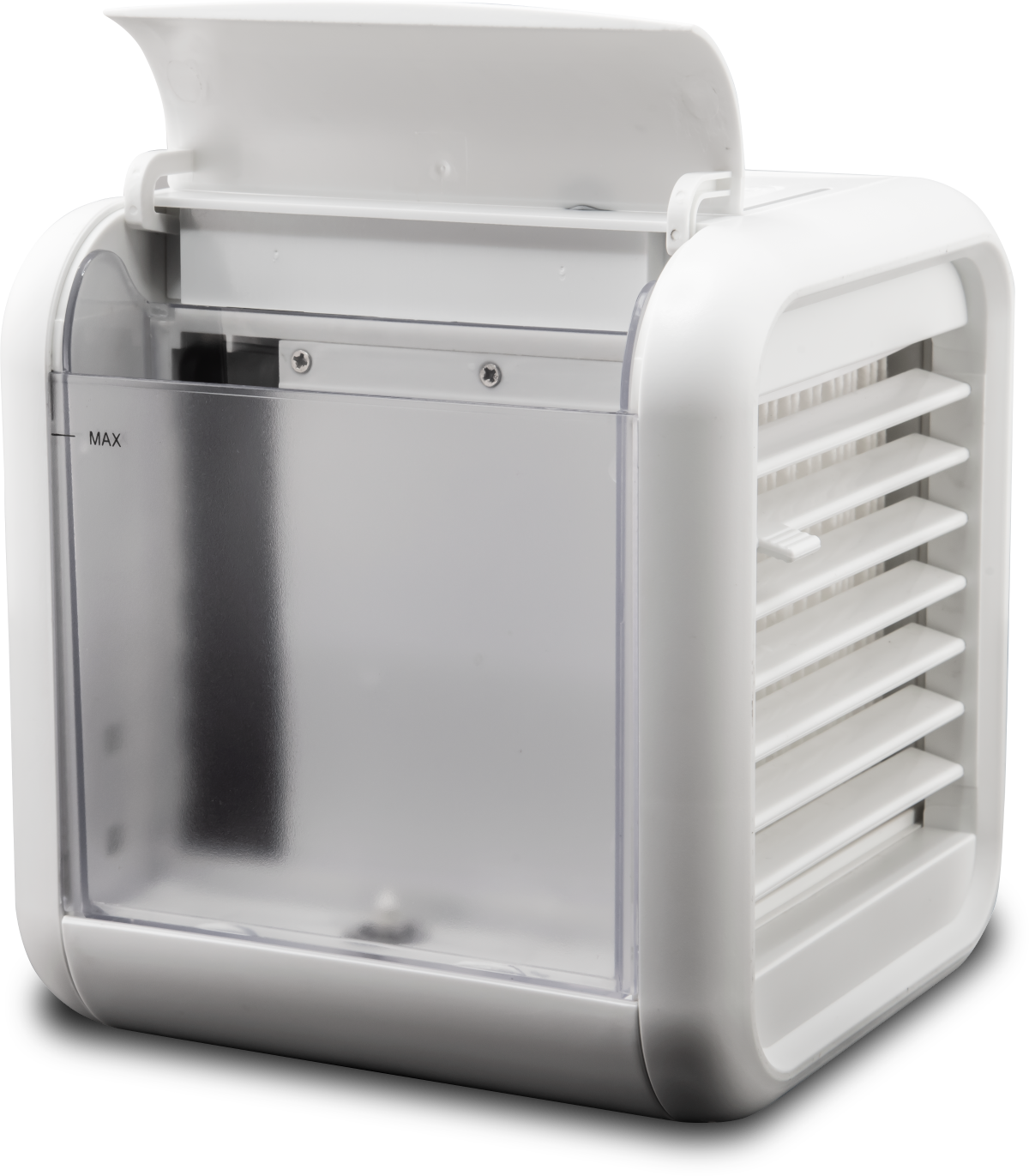 Refroidisseur d'air portable blanc avec un réservoir d'eau transparent.