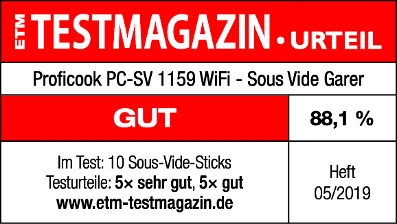Testmagazinseite mit der Bewertung 'GUT' und 88,1 % für einen Sous-Vide-Garer.