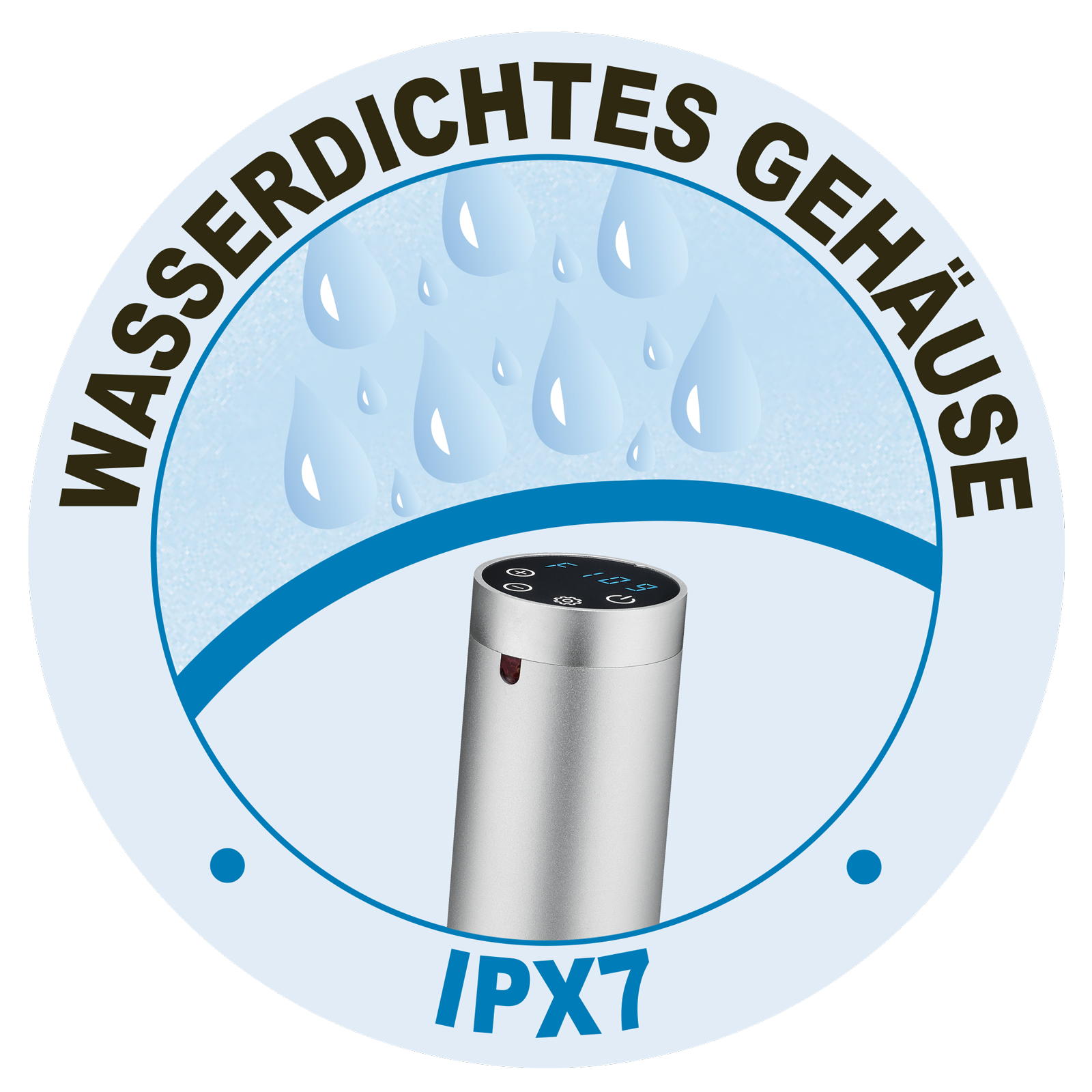 Blau-weißer Kreis zeigt silbernes Gerät mit Text: WASSERDICHTES GEHÄUSE, IPX7