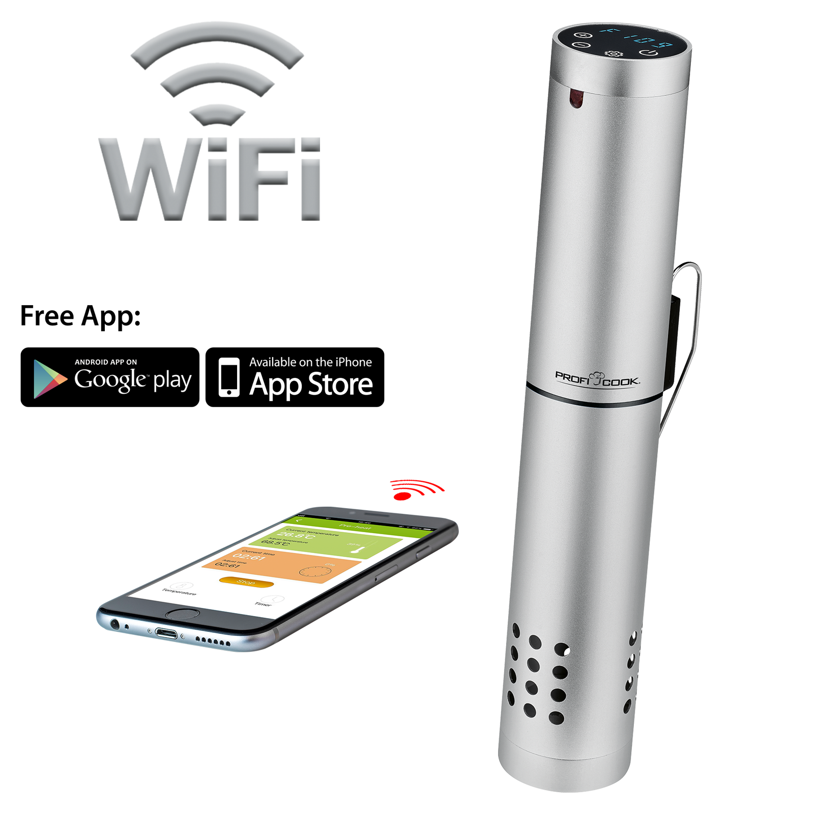 Silbernes Sous-Vide-Gerät mit App auf dem Telefon und WIFI-Logo im Hintergrund.