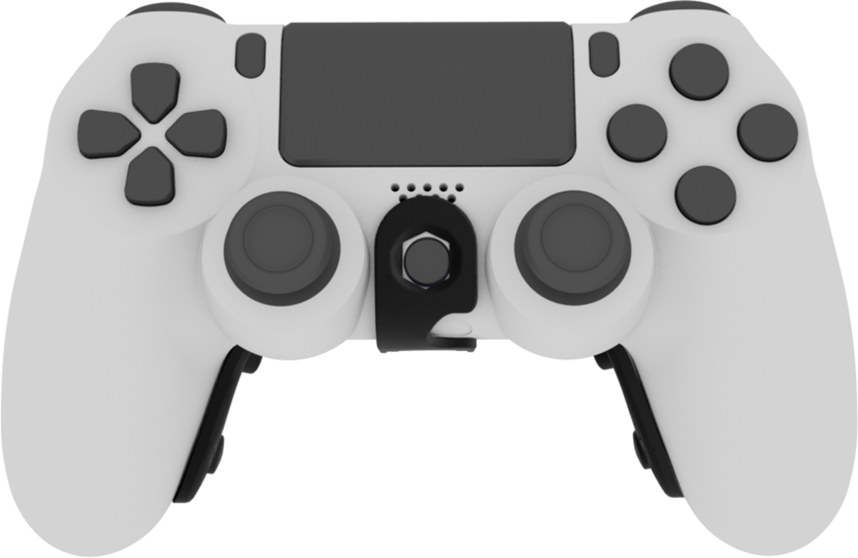 Manette de jeu blanche et noire avec support pour téléphone, sur fond noir.