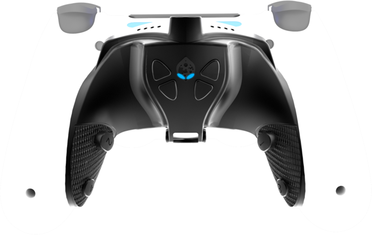Manette de jeu blanche et noire avec design extraterrestre, disposition des boutons visible.