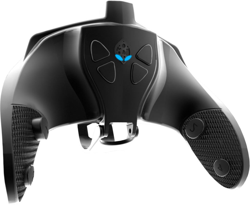 Gros plan d'une manette de jeu noire avec des boutons et des poignées texturées.
