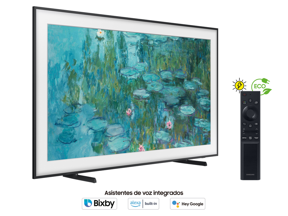 Televisor con marco negro mostrando pintura de nenúfares, con mando.
