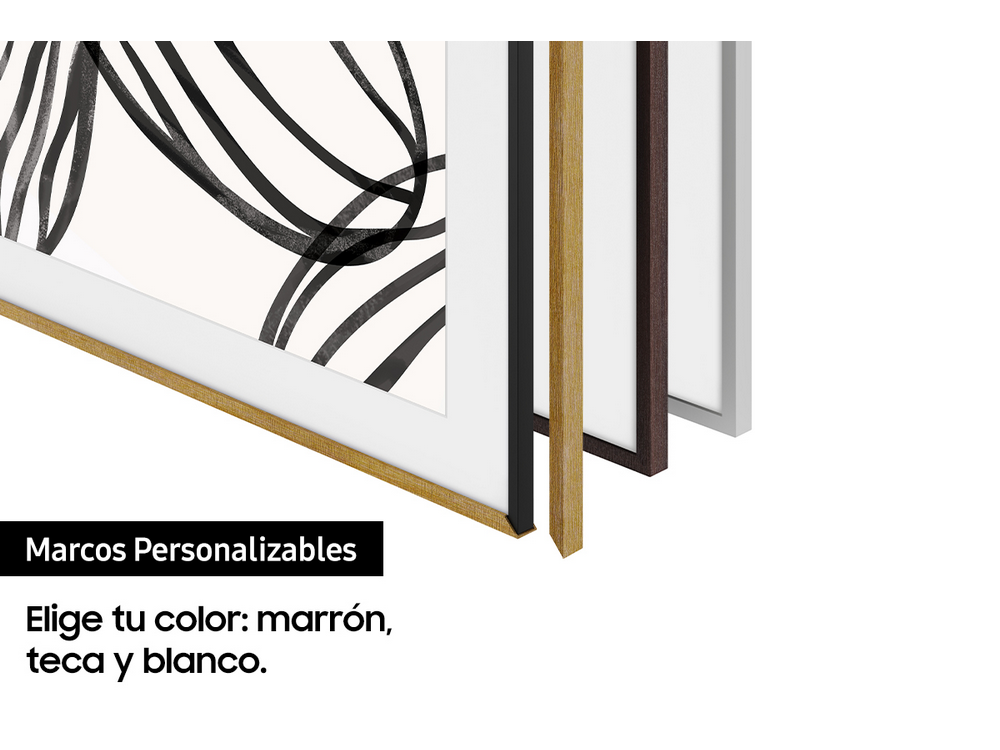Opciones de marco de TV en marrón, teca, negro y blanco. El texto dice 'Marcos personalizables' y opciones de color.