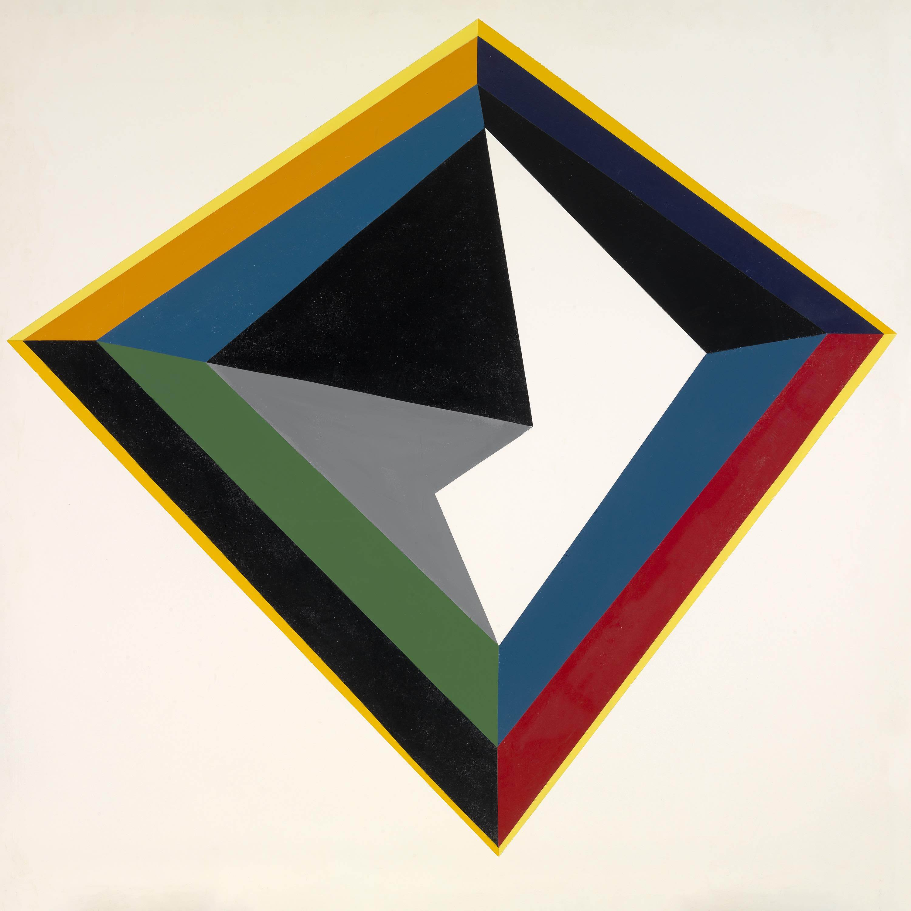 Abstracte geometrische kunst met een ruitvorm met verschillende kleuren en een wit centrum.
