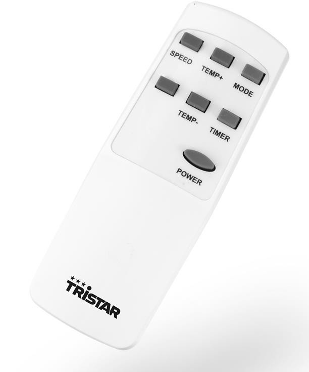 Een witte Tristar afstandsbediening. Knop voor snelheid, temp, mode, timer en power. Het logo staat onderaan.