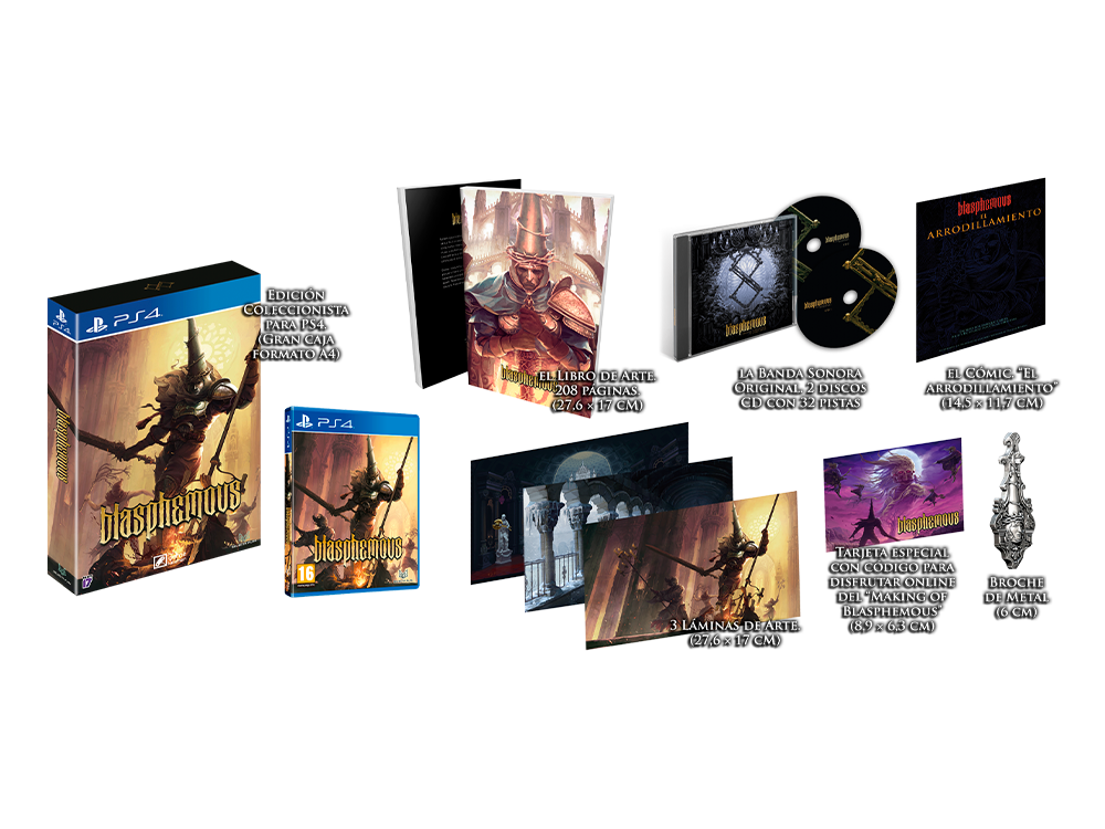 Una colección de elementos del juego Blasphemous PS4: caja del juego, libro de arte, banda sonora, grabados y broche.