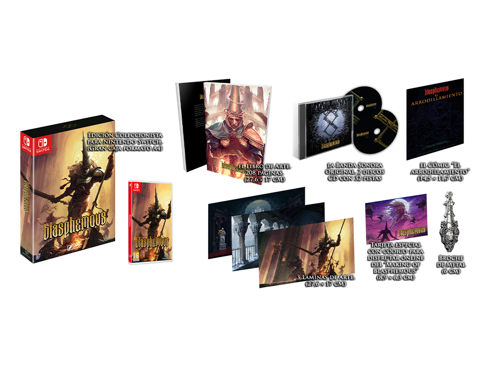 Caja del juego Blasphemous con varios coleccionables.