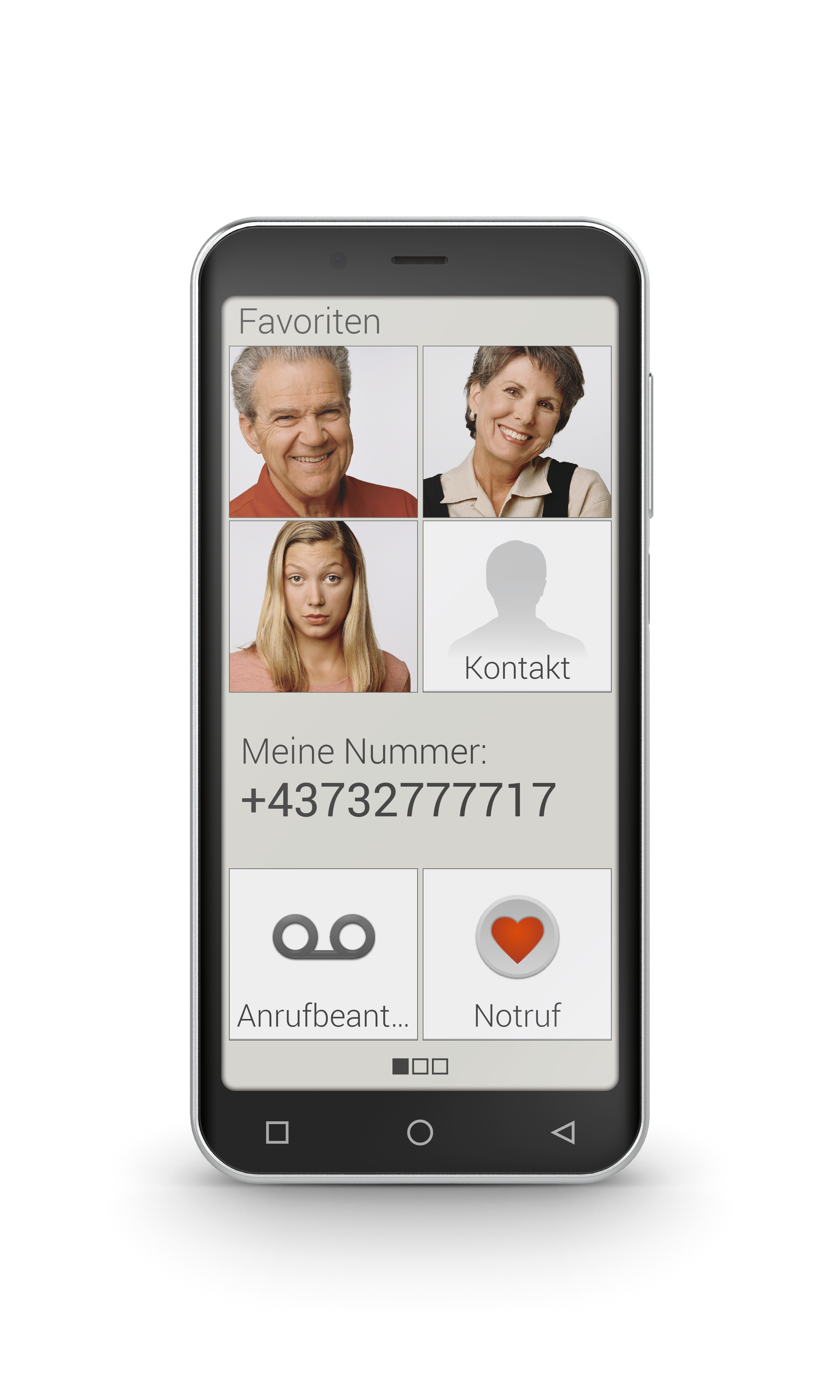 Smartphone zeigt Kontakte mit vier Profilbildern und Anrufoptionen.