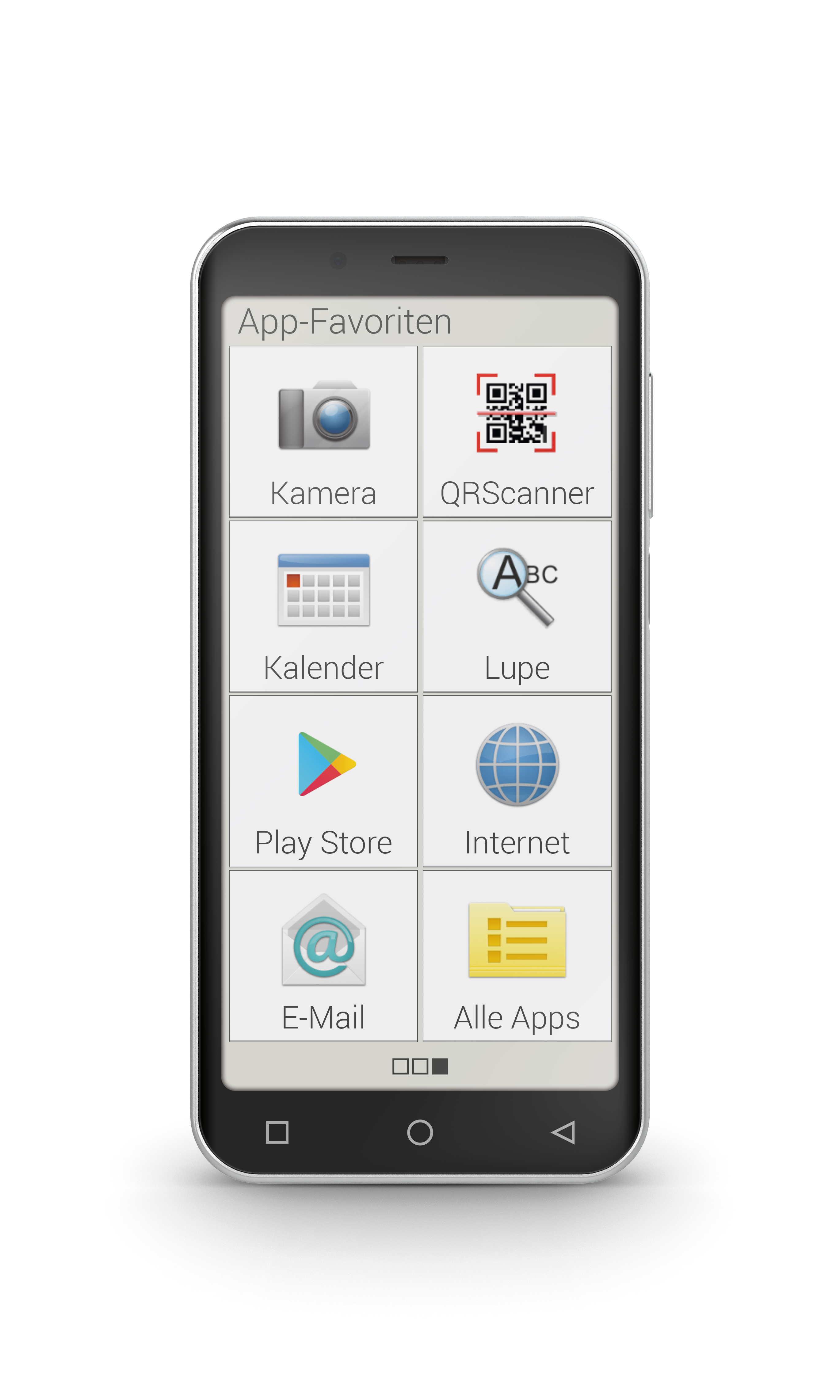 Smartphone-Bildschirm mit App-Symbolen: Kamera, QR, Kalender, Lupe usw.