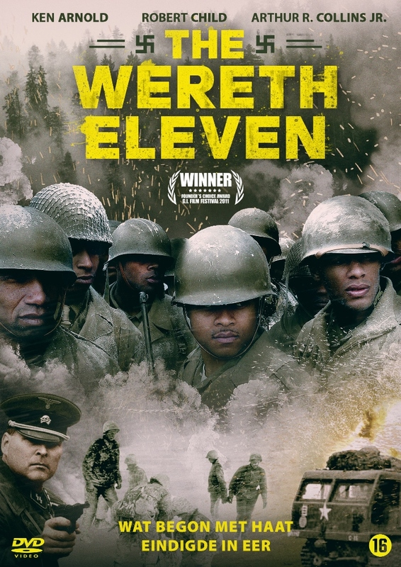 DVD-hoes van "The Wereth Eleven" met soldaten en een tank. Bevat tekst en een oorlogsscène.