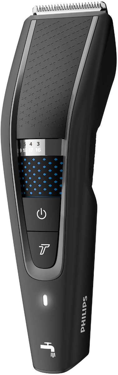 Black Philips beard trimmer with settings and buttons, white background.