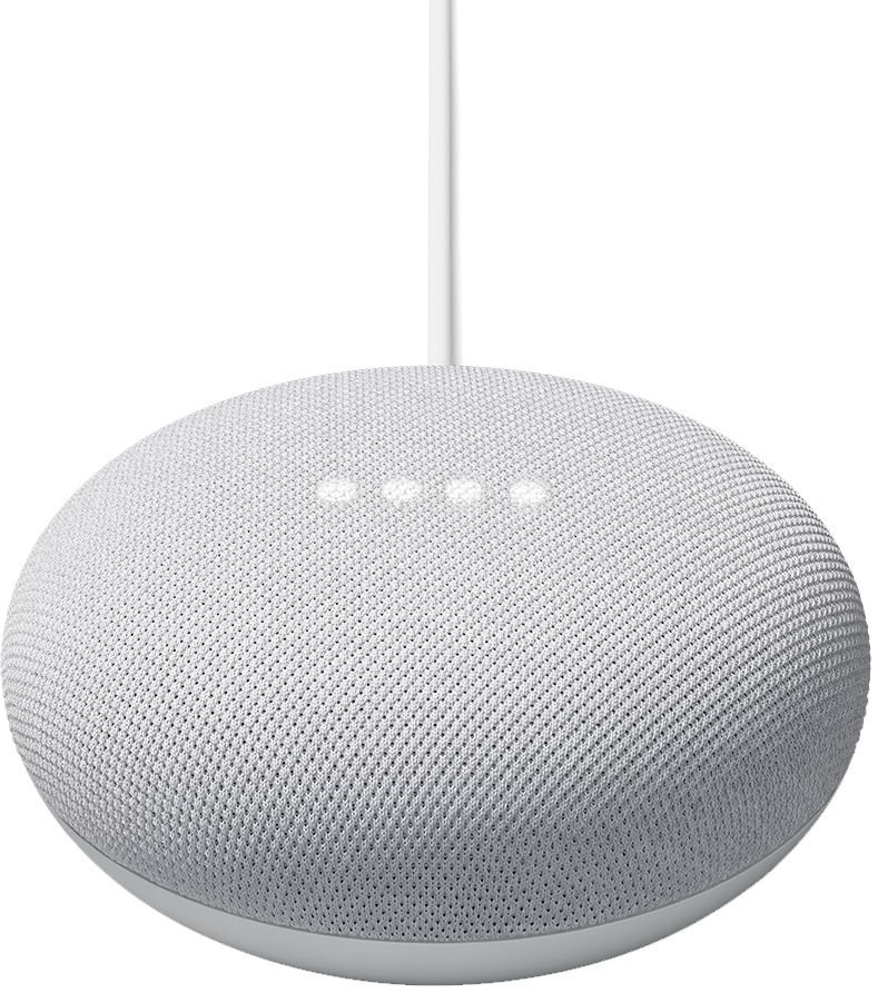 Witte Google Nest Mini slimme luidspreker met drie lampjes.