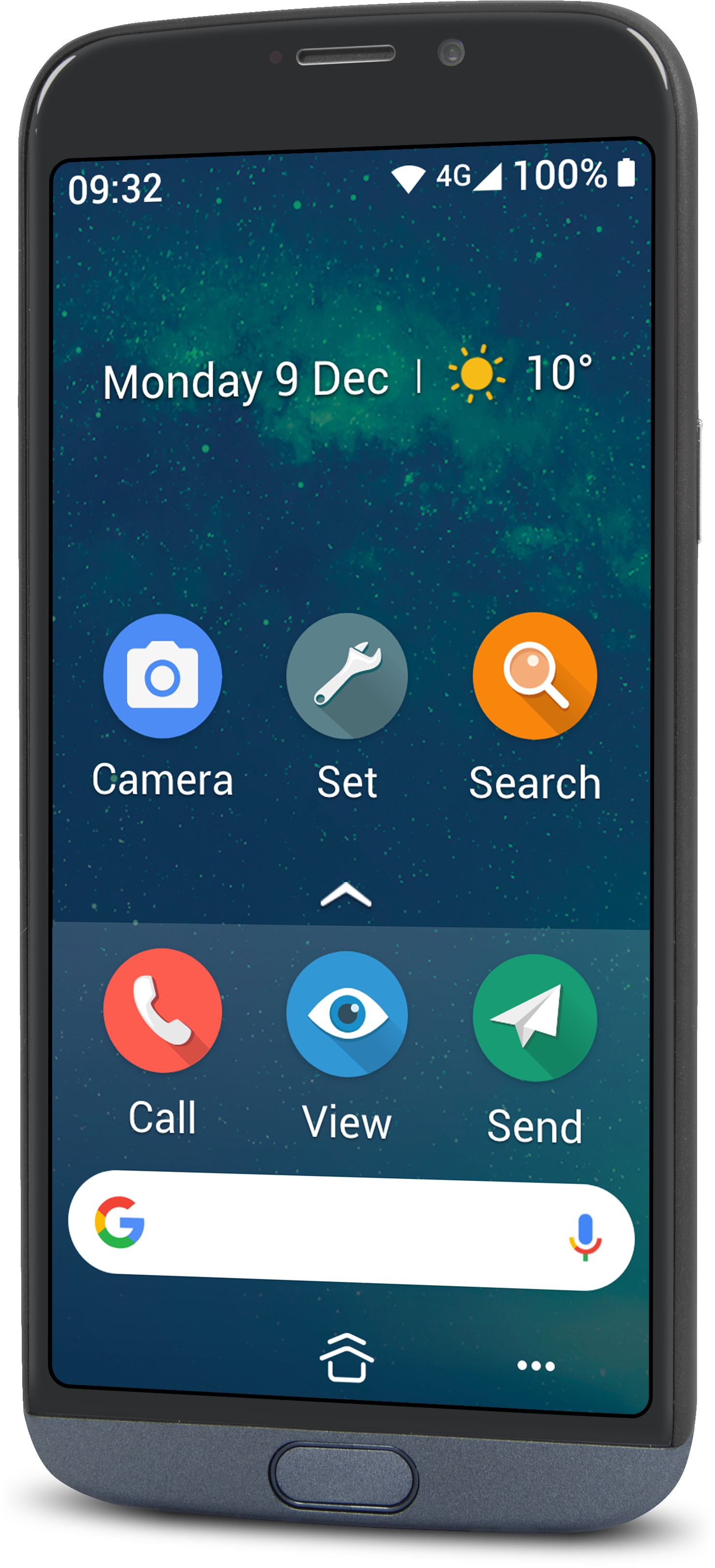 Smartphone mit Symbolen auf dem Bildschirm, zeigt Uhrzeit und 4G-Signal.