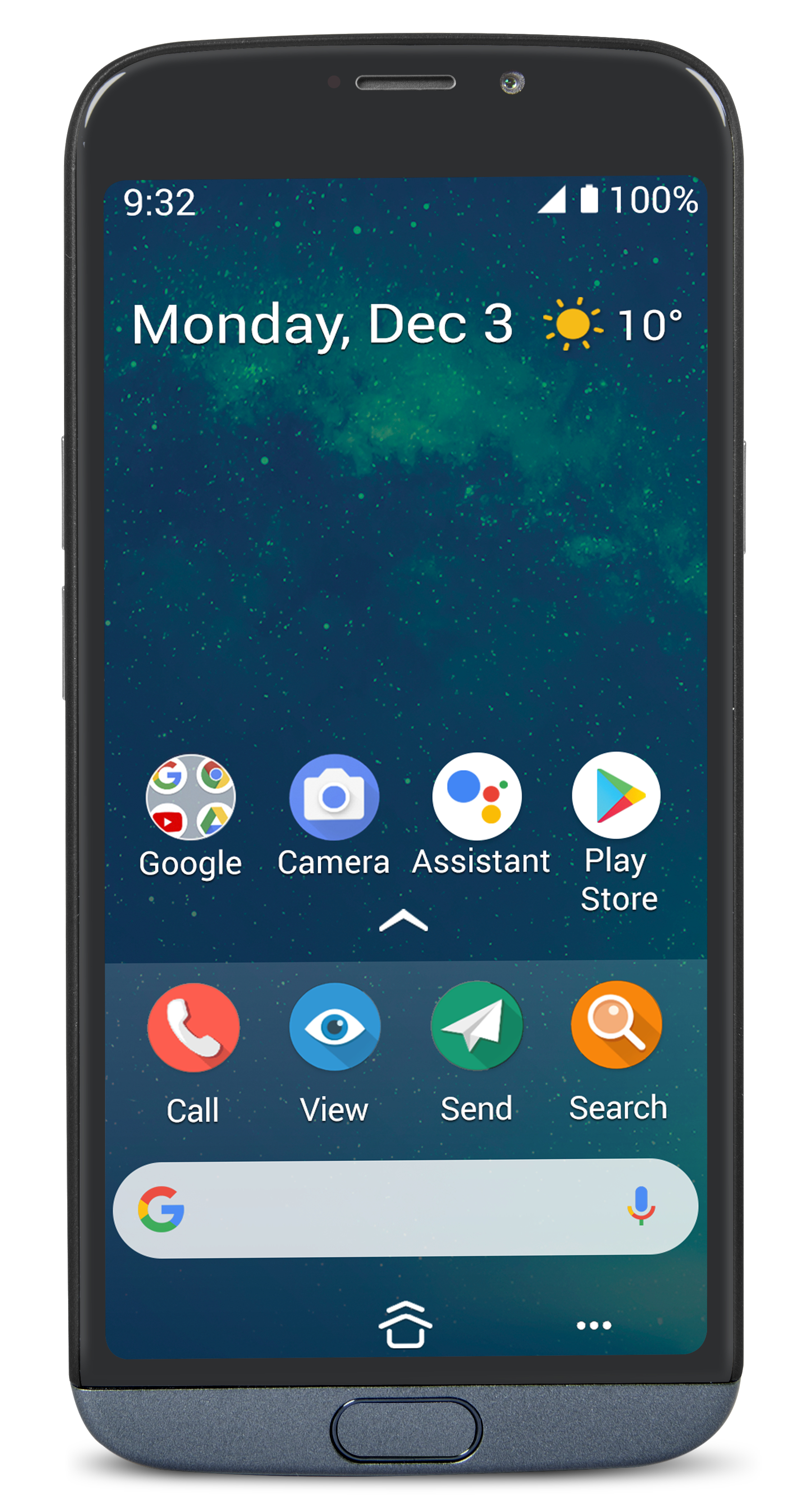 Ein Smartphone zeigt Datum, Uhrzeit, Akku und App-Symbole auf schwarzem Rahmen.