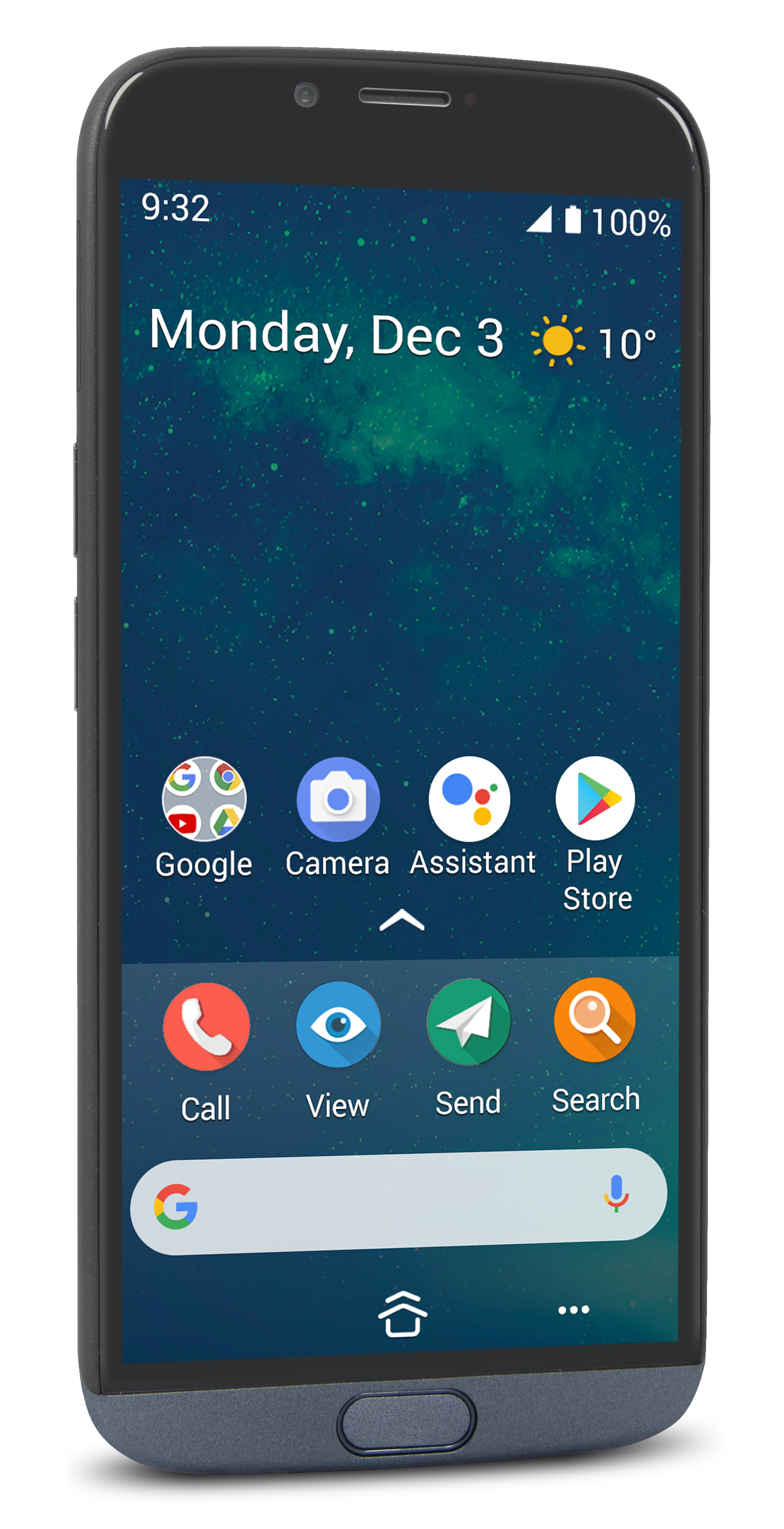 Ein schwarz-blaues Smartphone mit einem Bildschirm, der Apps, Datum und Uhrzeit anzeigt, auf weißem Hintergrund.