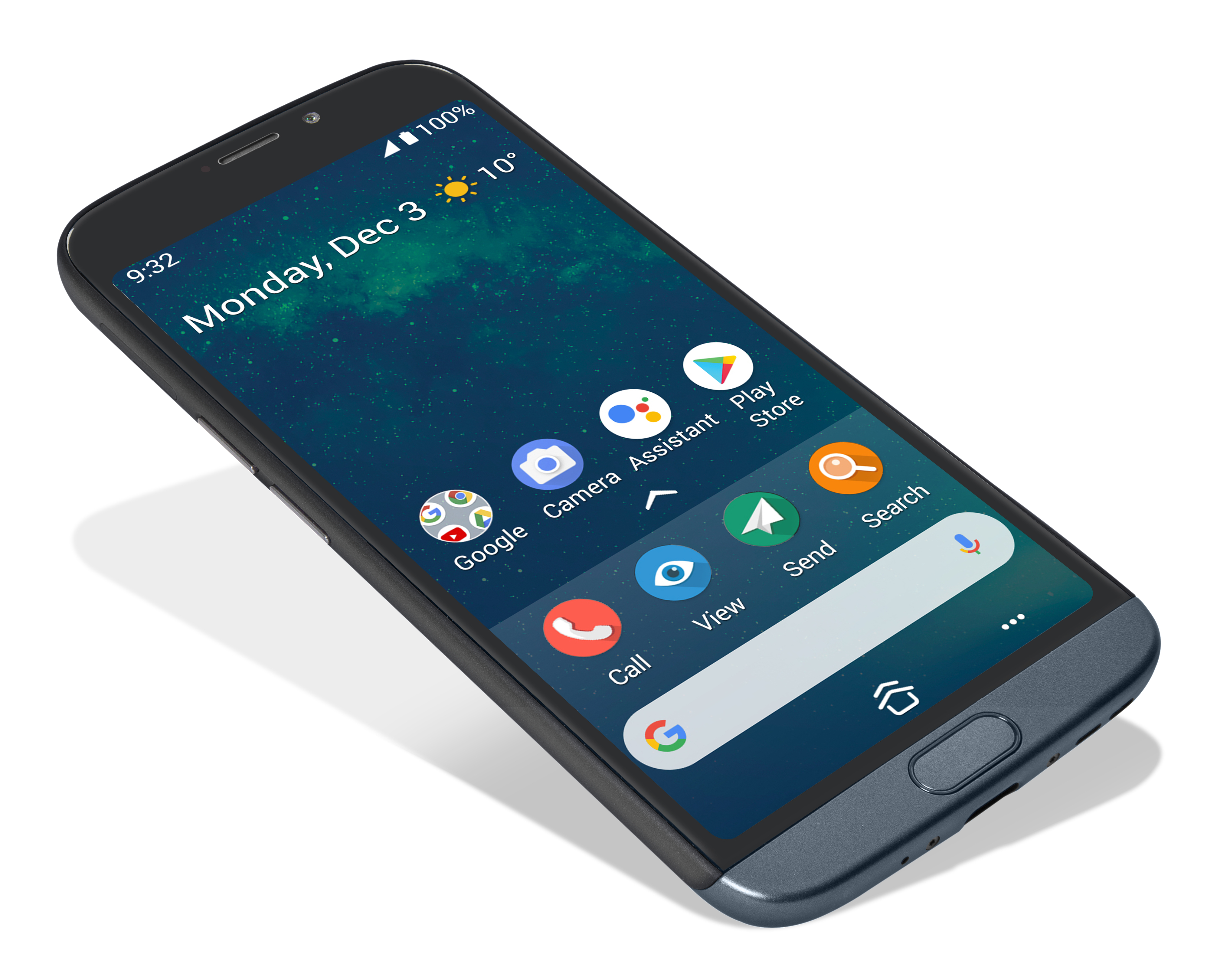 Smartphone auf Weiß. Bildschirm zeigt App-Symbole und das Datum.