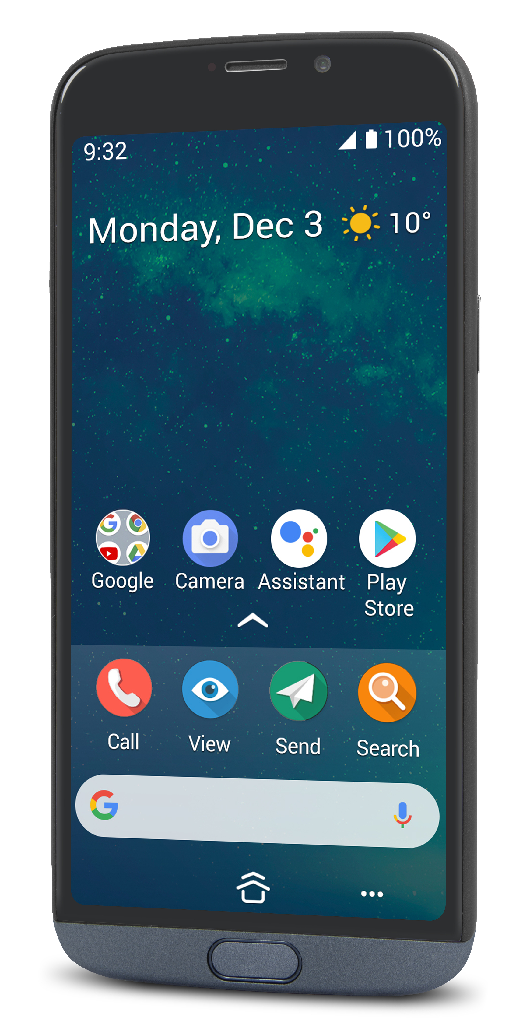 Ein Smartphone-Bildschirm zeigt Datum, Uhrzeit und Symbole für verschiedene Apps. Das Telefon hat einen blauen Rahmen.