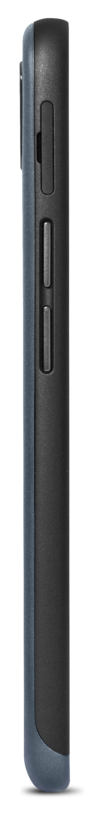 Seitenansicht einer Smartphone-Hülle mit strukturierter schwarzer Rückseite und blauen Kanten.