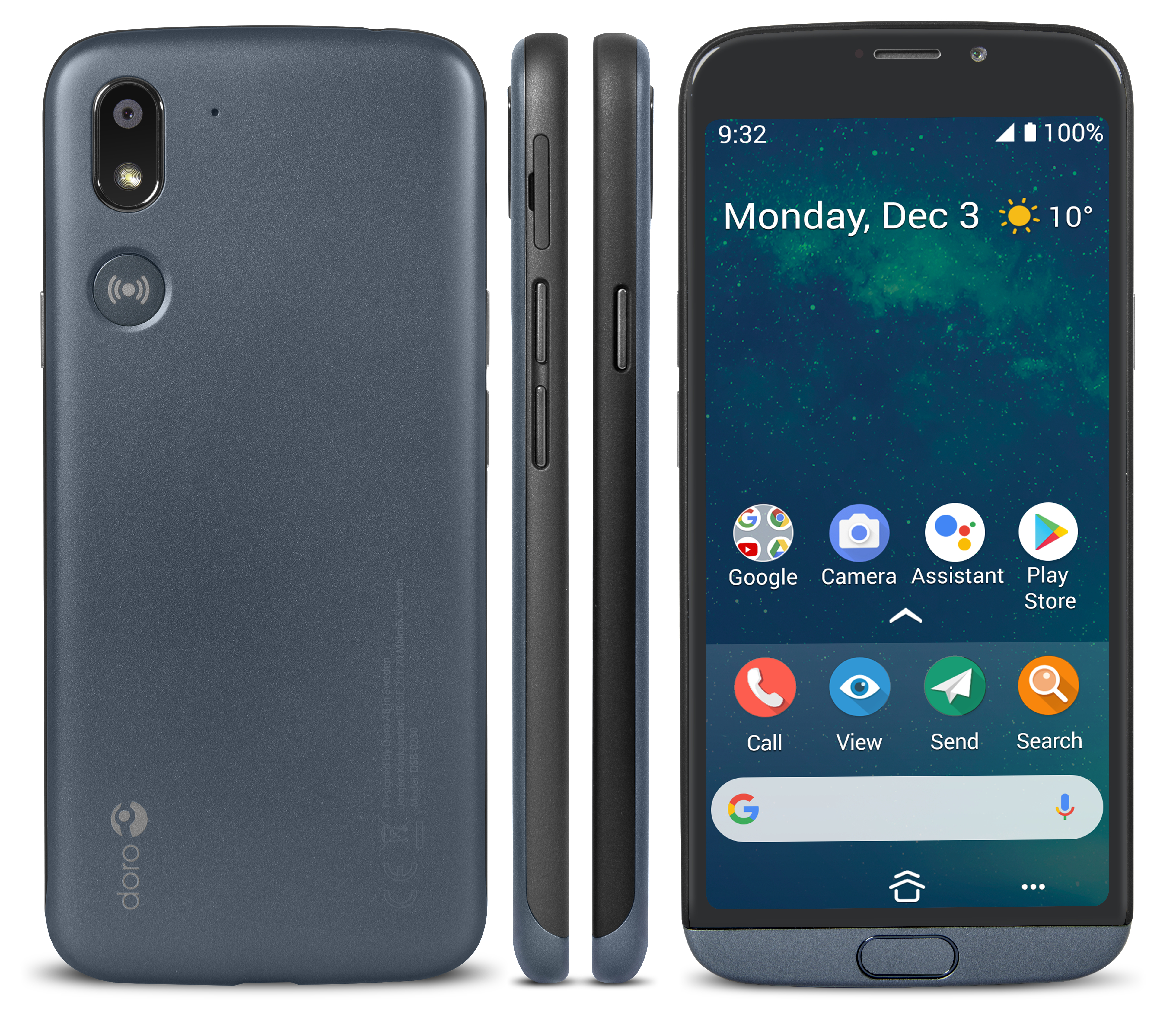 Ein blaues Doro-Smartphone mit drei Ansichten.
