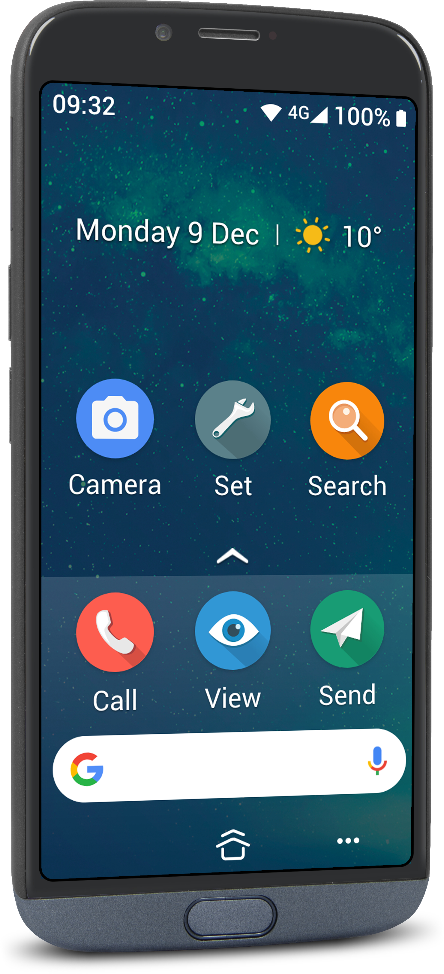 Smartphone mit großen Symbolen auf dem Startbildschirm. Symbole für Kamera, Anruf, Einstellungen usw.