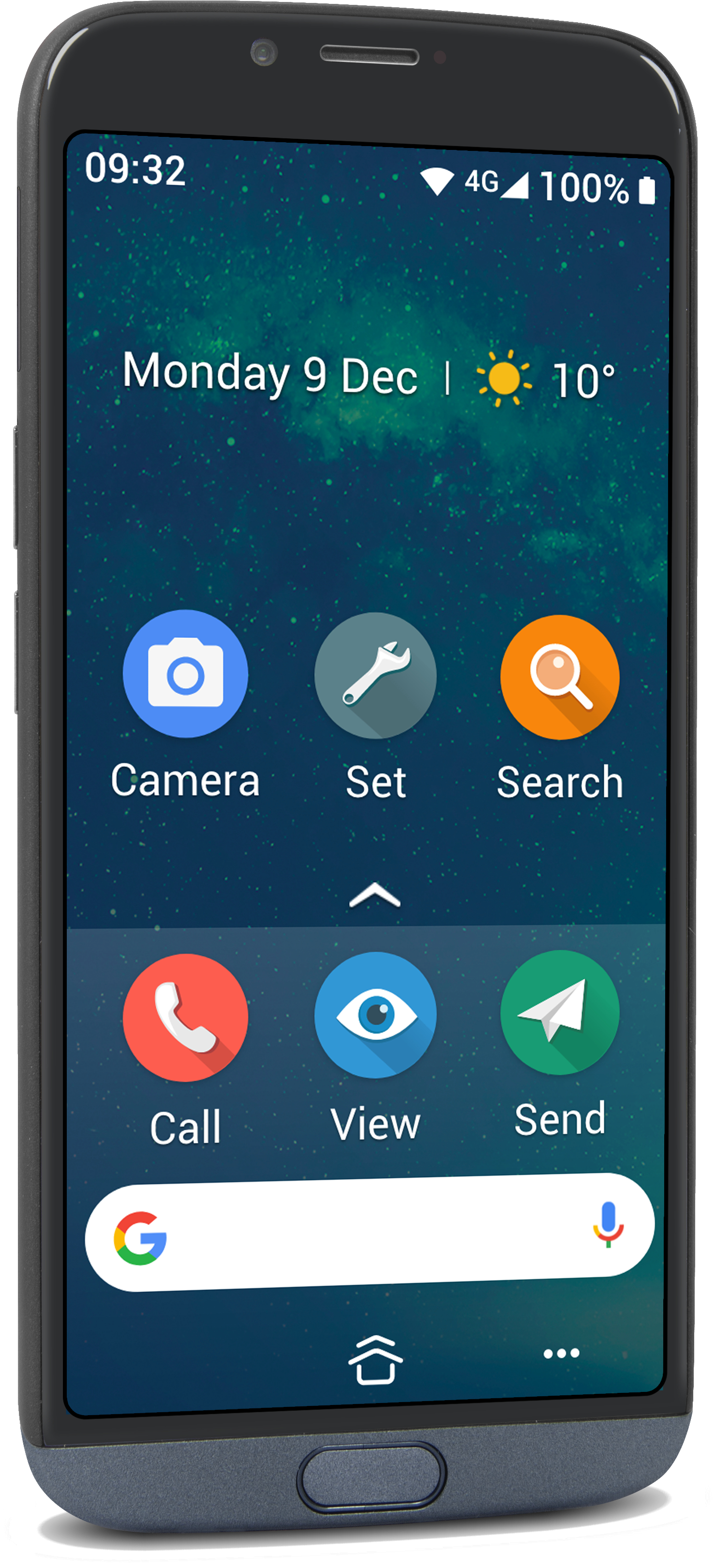 Ein Smartphone mit großem Bildschirm, das ein App-Layout anzeigt. Symbole für Kamera, Anruf und Einstellungen sind sichtbar.