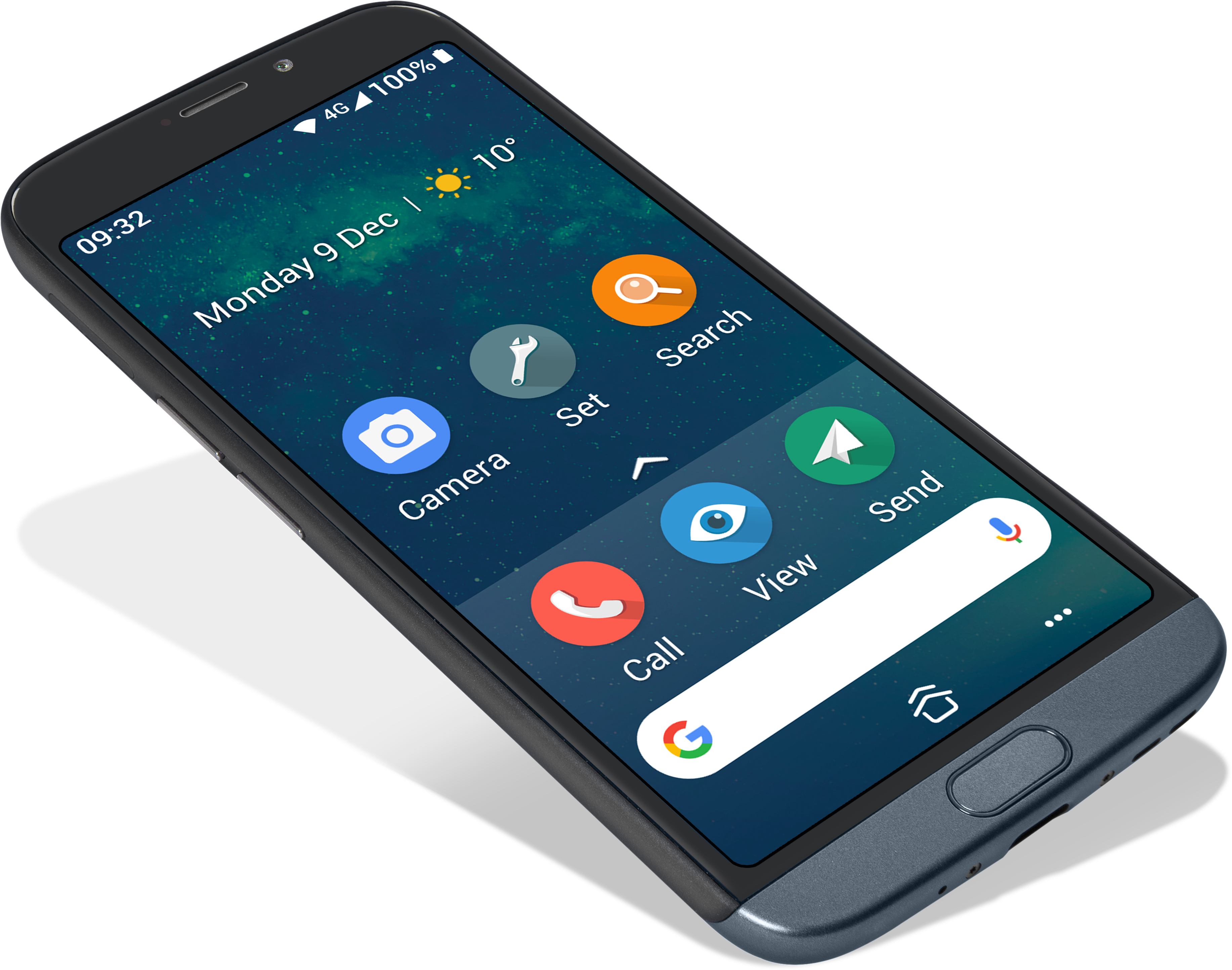 Ein Smartphone mit Touchscreen, das Symbole und ein Hintergrundbild anzeigt.