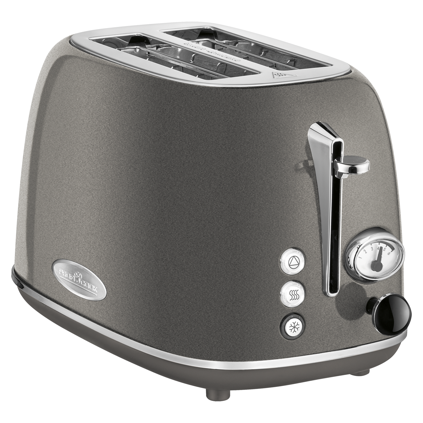 Ein grauer Toaster, schräge Ansicht, mit Einstellungen und Hebel sichtbar.