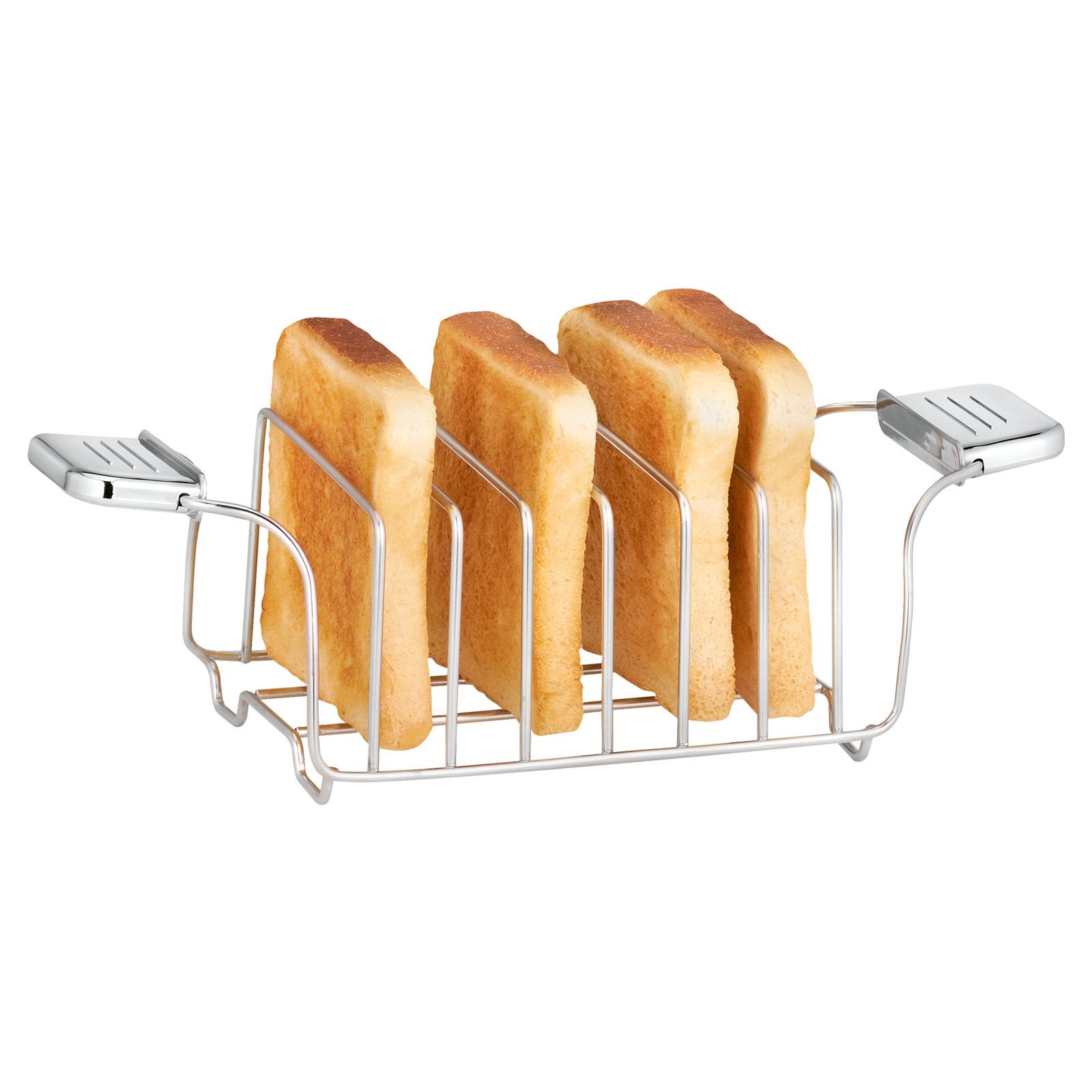 Vier Toastscheiben in einem Metall-Toaster, vor schwarzem Hintergrund.