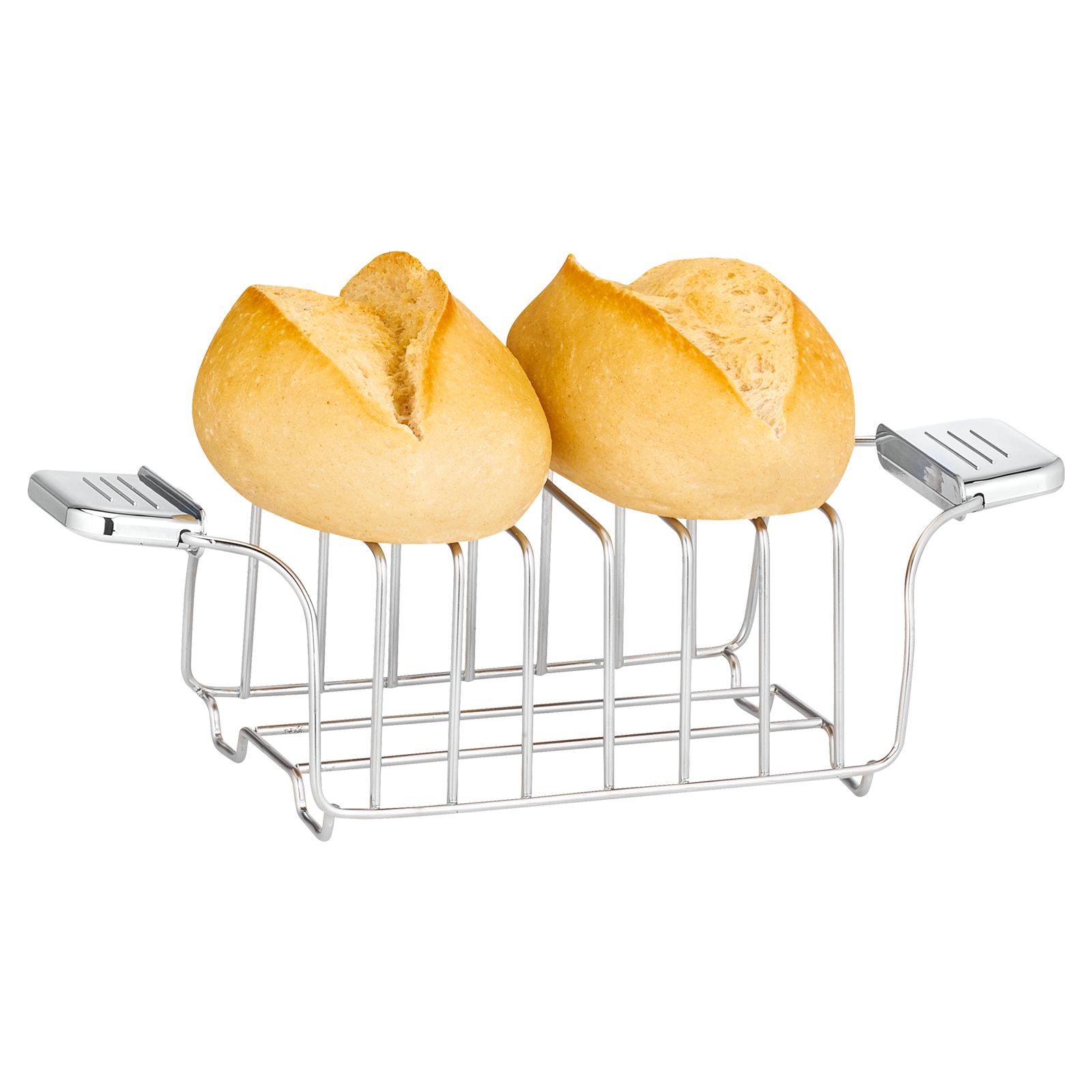 Zwei Brötchen in einem silbernen Drahtkorb auf schwarzem Hintergrund.