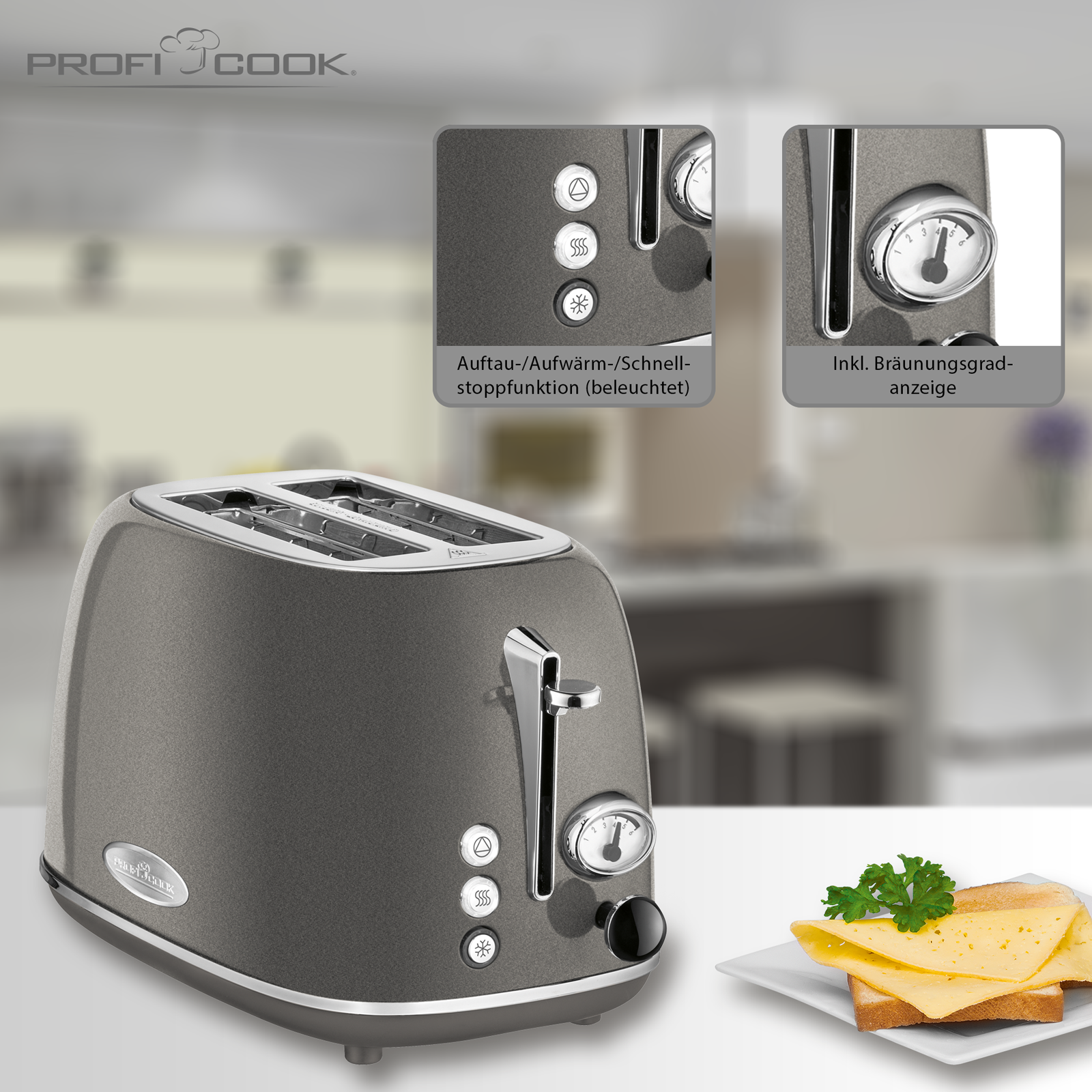 Grauer Toaster mit Steuerungsdetails und Brot.