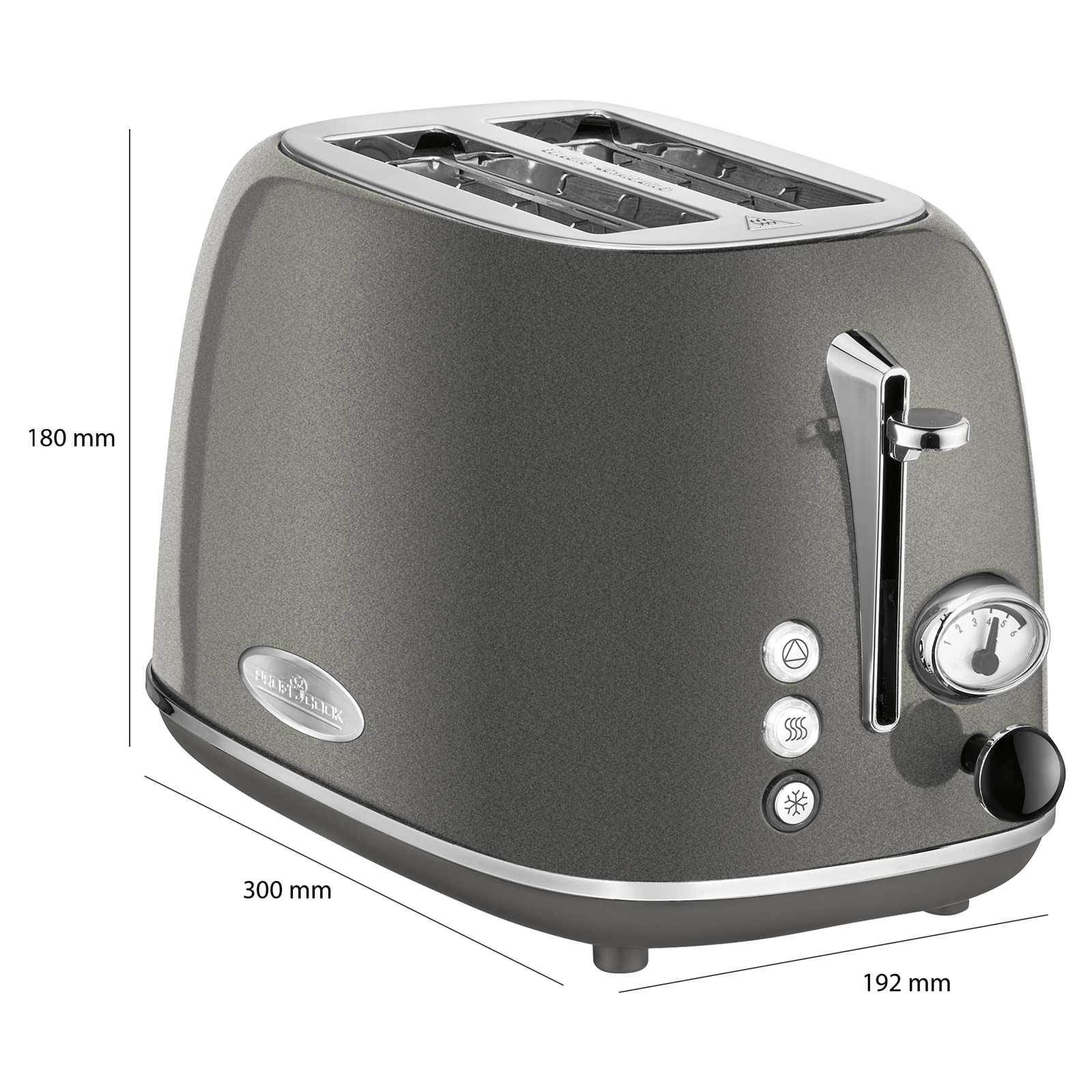 Grauer Toaster mit zwei Schlitzen, Knöpfen und einem Drehregler auf der Vorderseite.