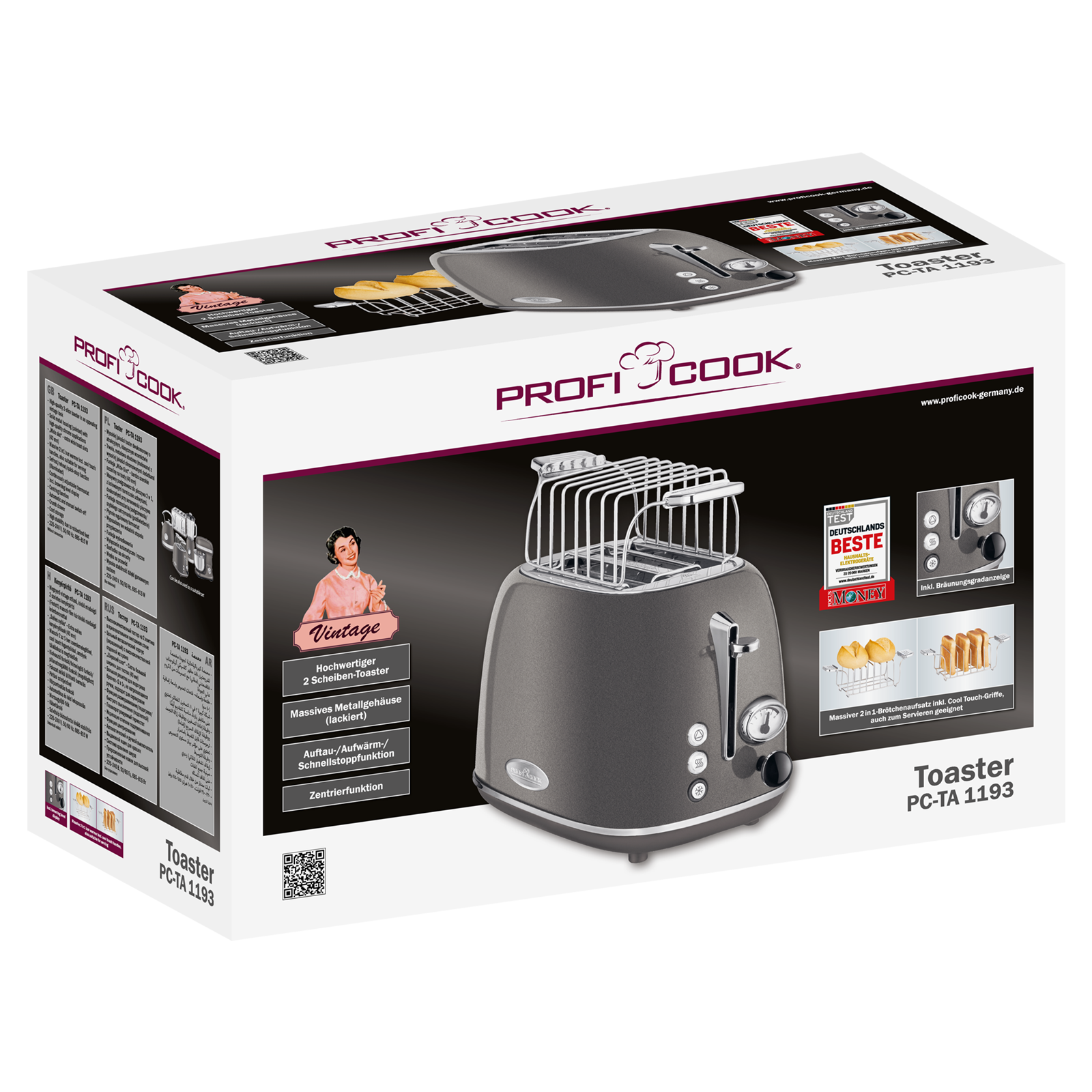 Profi Cook Toaster-Box, mit einem grauen Toaster-Bild und angezeigten Funktionen.